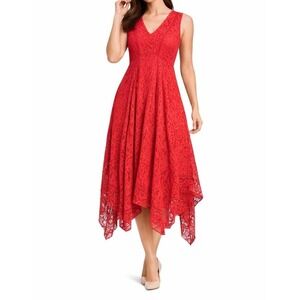 Taylor Floral Lace Asymmetrical Midi Dress Women 2 Red Sleeveless Francesca Chic